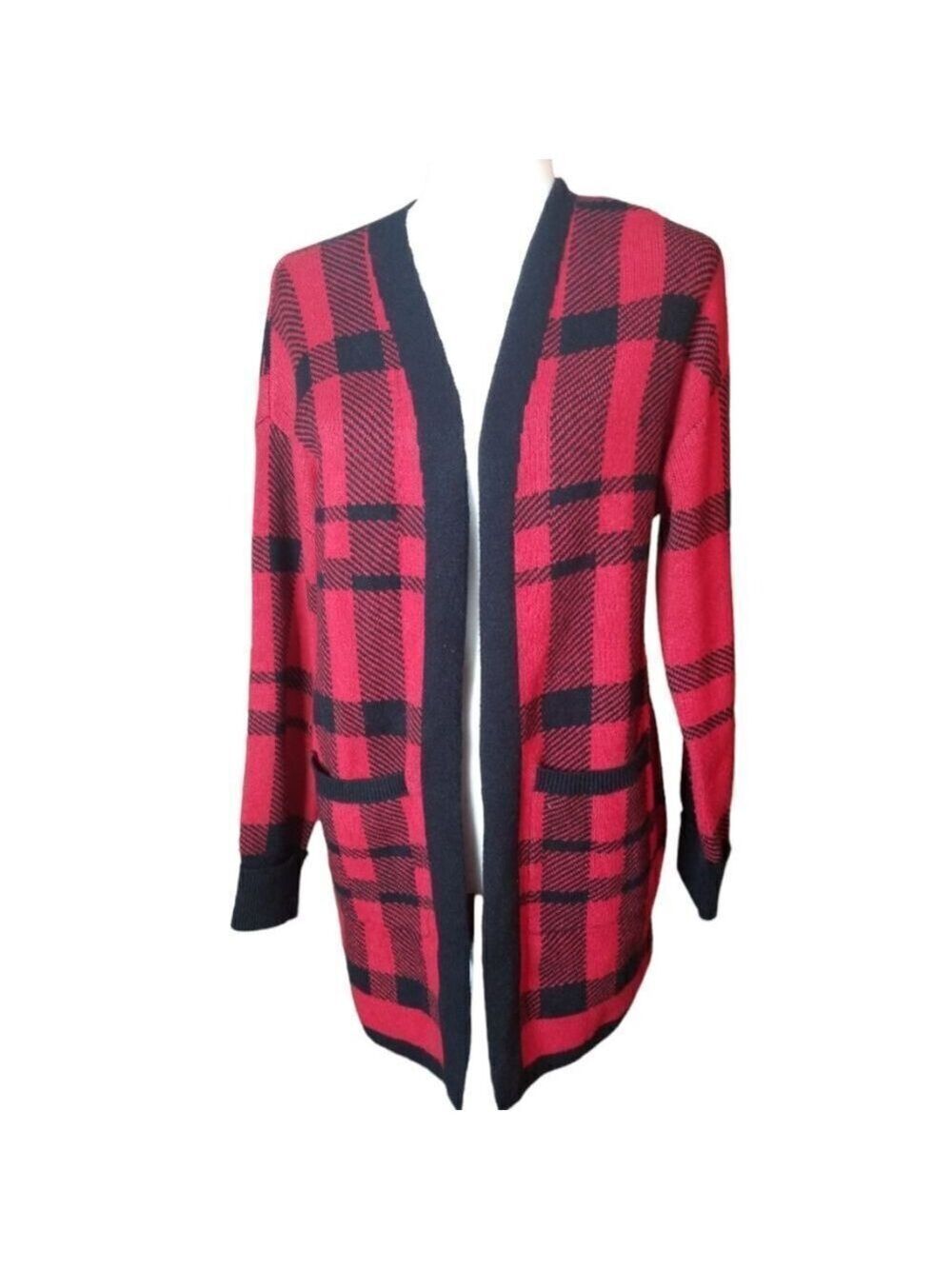 Zesica Open Cardigan Long Sleeve Red Black Plaid Medium